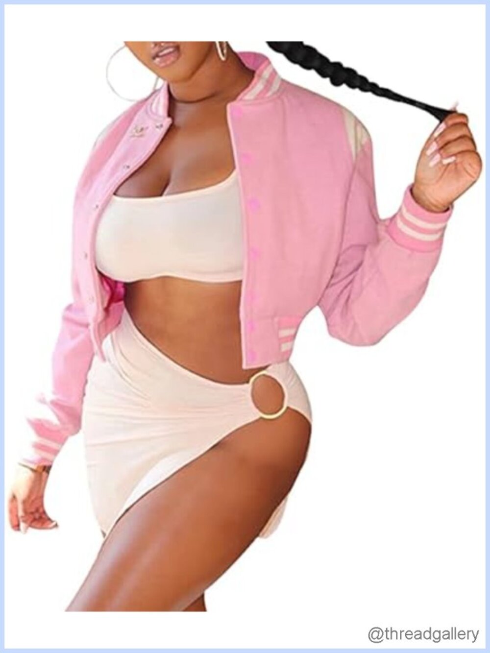 Cropped Varsity Baseball Jacket Snap Button Long Sleeve Women's Bomber Coat